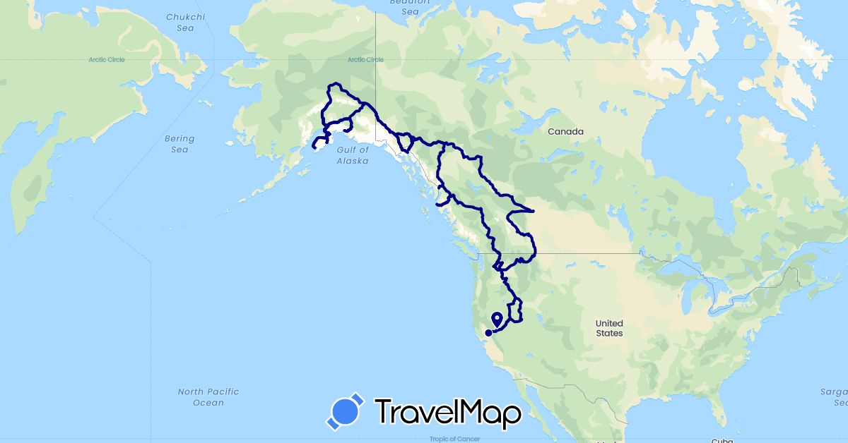 TravelMap itinerary: driving in Canada, United States (North America)