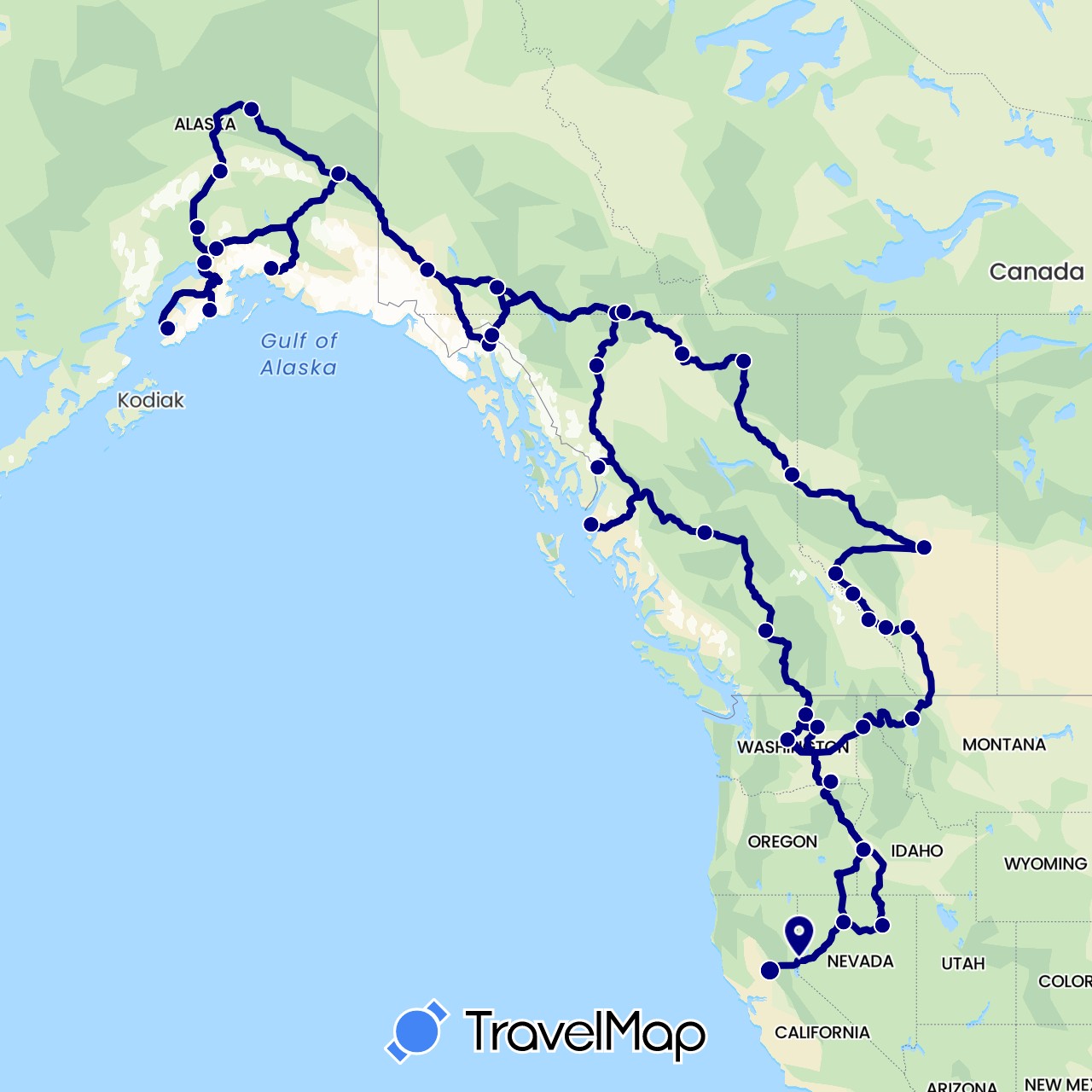 TravelMap itinerary: driving in Canada, United States (North America)