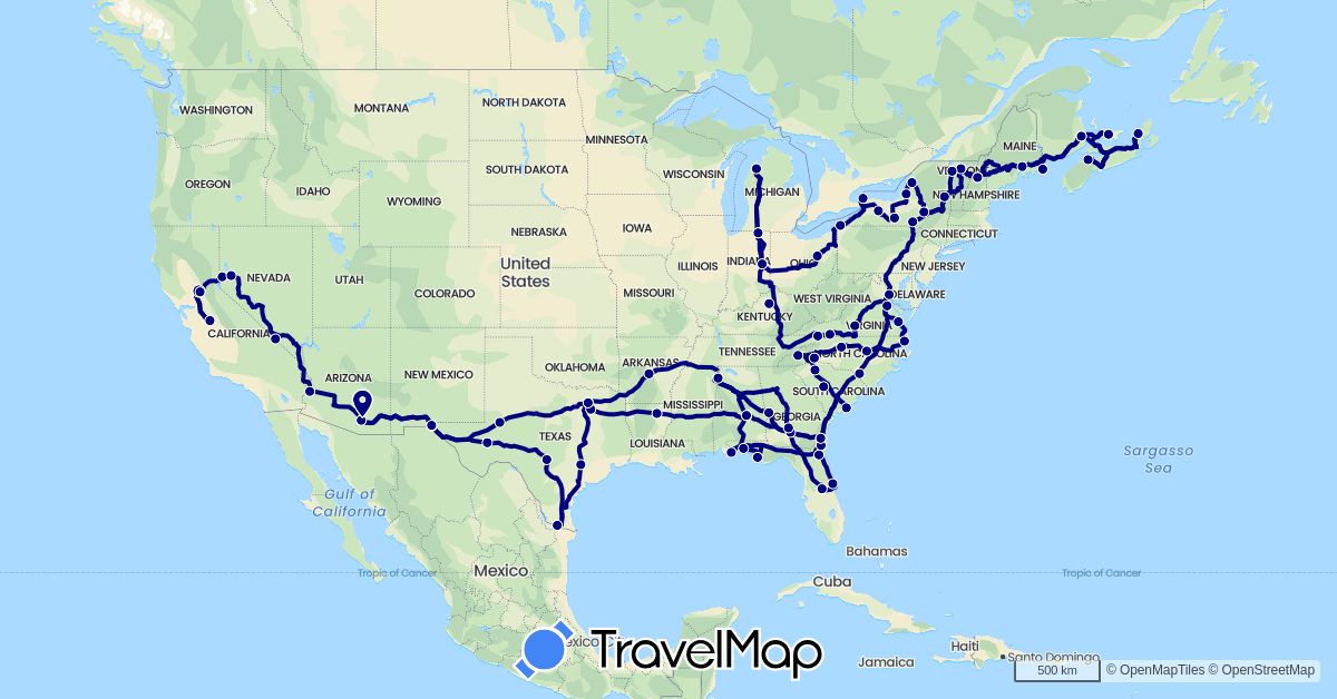 TravelMap itinerary: driving in Canada, United States (North America)