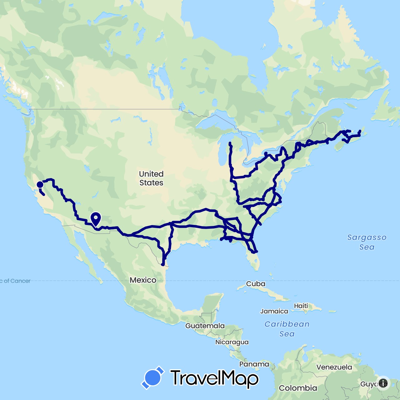 TravelMap itinerary: driving in Canada, United States (North America)