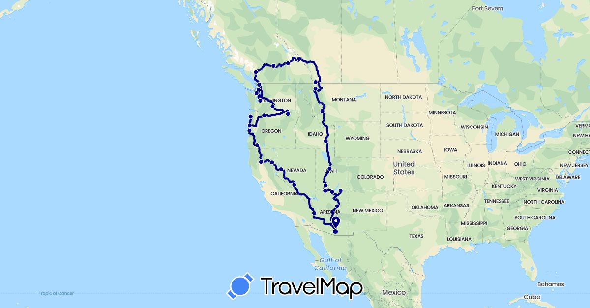 TravelMap itinerary: driving in Canada, United States (North America)