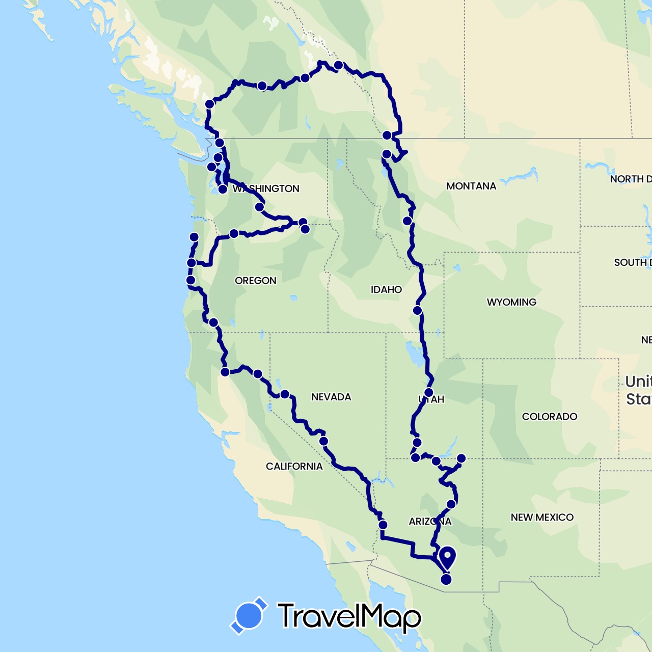 TravelMap itinerary: driving in Canada, United States (North America)